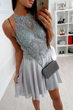 Cute Grey Chiffon Halter Lace Spaghetti Straps Short Criss-Cross Homecoming Dresses uk PH853