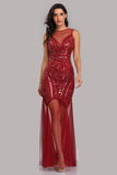 See Through Burgundy Mermaid Bateau Prom Dresses with Beading XU90816