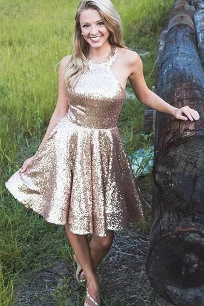 Halter Sequin A Line Backless Short Homecoming Dresses Simple Prom Gowns H1345