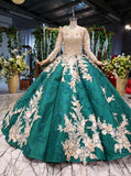 Ball Gown Long Sleeve Satin Beads Prom Dress Quinceanera Dress with Appliques P1282