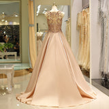 Stunning A Line Sleeveless Beading See-Through Satin Court Train Prom Dress Sequins Party Dress WH53718