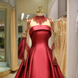 A Line High Neck Beading Long Sleeves Satin Court Train Prom Dress Party Dress WH63695