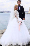 Elegant Ball Gown Lace Long Sleeve Wedding Dresses with Appliques Tulle White Bridal Dresses W1179