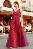 Elegant V Neck Burgundy Beads Appliques Lace Evening Dresses, Long Prom Dresses P1171