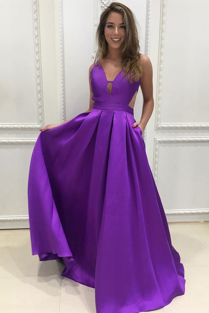 A-line V-Neck Satin Long Simple Backless with Pockets Purple Sleeveless Prom Dresses uk PM312