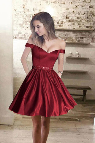 Cute Simple Off-shoulder Short Satin Mini Burgundy A-line Homecoming Dress BY56