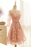 A Line Pink Lace Long Sleeve Open Back Scoop Knee Length Appliques Homecoming Dress PH732