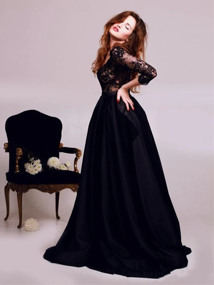 Black A Line Deep V-neck Lace Evening Dress Long Prom Dress