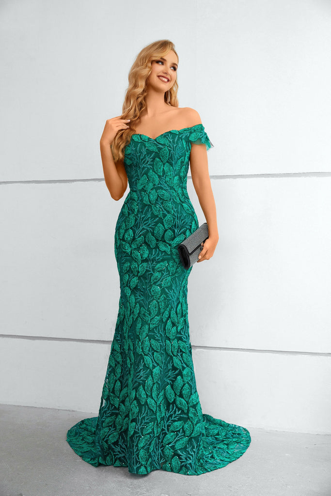 Off-the-Shoulder Mermaid Green Appliques Prom Dresses Long Evening Dresses