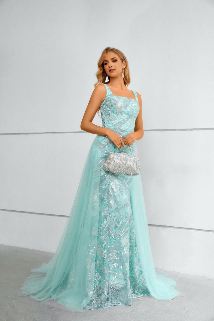Mermaid Straps Sleeveless Shiny Lace Prom Dresses with Detachable Tulle Train
