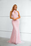 Halter Mermaid Pink Beaded and Sequins Long Prom Dresses