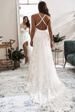 Elegant A Line V Neck Lace Ivory Beach Wedding Dress with Slit Bridal Gowns W1244