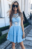 Jewel Short Blue Chiffon Homecoming Party Dress with Lace Straps Appliques Prom Dress H1287