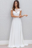A Line Chiffon White Lace Appliques Cap Sleeve Open Back Scoop Long Wedding Dresses uk PW24