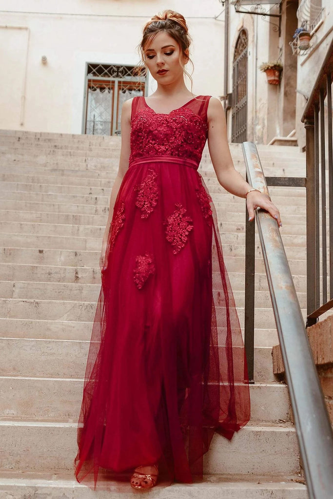 Elegant V-Neck Burgundy Beads Appliques Lace Evening Dresses Long Prom Dresses P1197