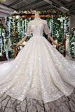 Lace Half Sleeve Round Neck Ball Gown Wedding Dresses, Fashion Beads Wedding Gown PW775