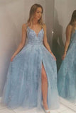 Light Blue Lace Appliques Prom Dresses with Slit Beads V Neck Evening Dresses PW607