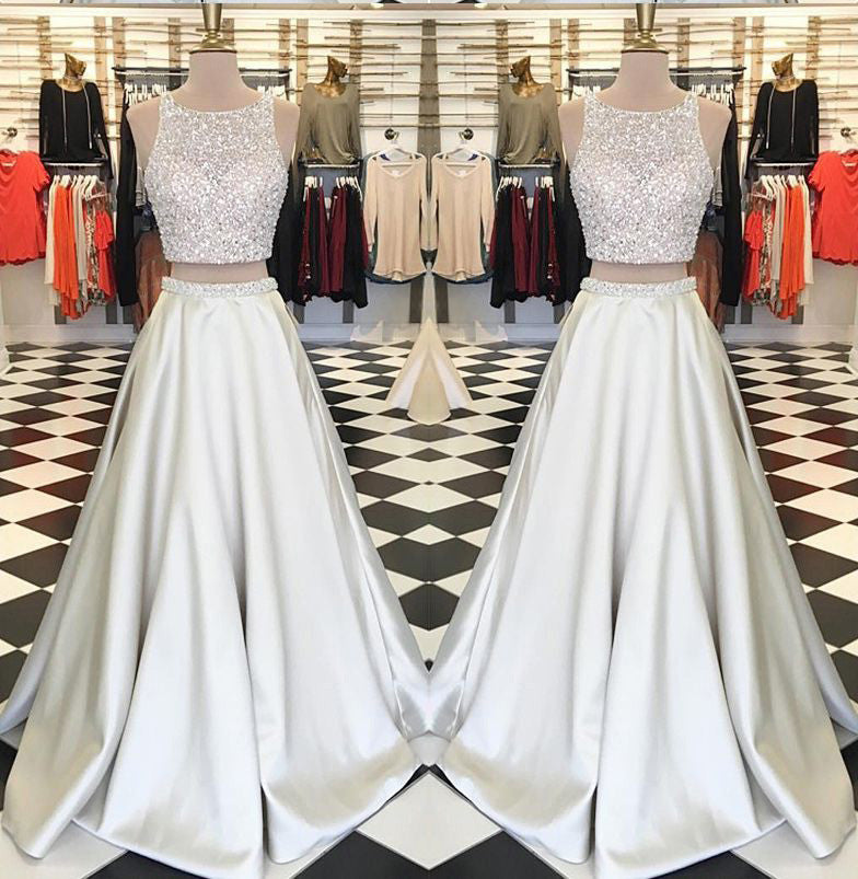 Stunning Satin Two Pieces Sequins Rhinestone Prom Dresses – PromDress.me.uk