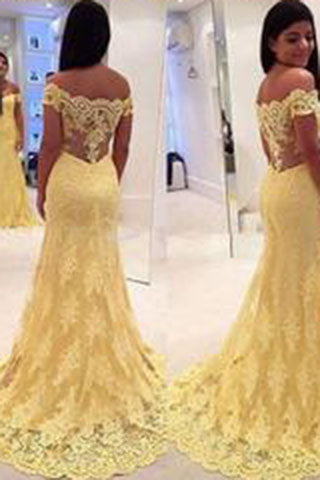 Elegant Sheath Yellow Lace Off Shoulder Long Prom Dresses PM662