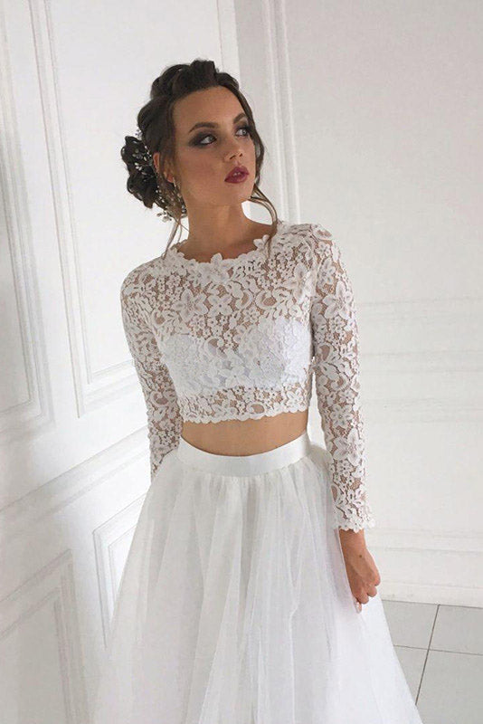 Long Sleeve Lace Round Neck Ivory Boho Wedding Dresses Tulle Beach Bridal Dresses W1025
