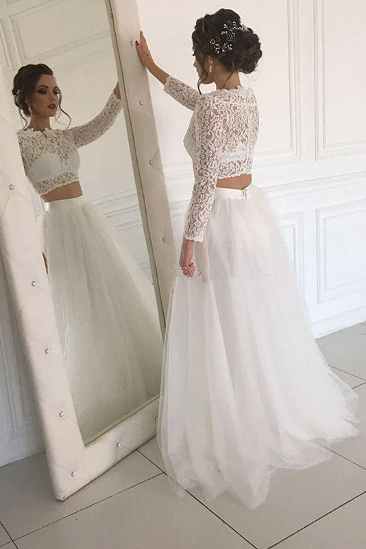 Long Sleeve Lace Round Neck Ivory Boho Wedding Dresses with Tuule, Beach Bridal Dresses W1025