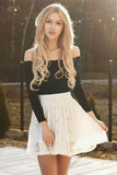 Long Sleeve Off the Shoulder Black and Ivory Above Knee Homecoming Dresses with Lace H1111