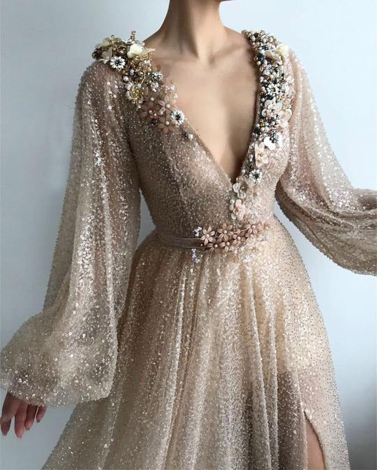Long Sleeve Sequin V-Neck Prom Dress with Split Handmade Flowers PW800
