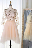 Long Sleeve Tulle Pink Homecoming Dresses with Lace V Neck Short Cocktail Dresses H1192