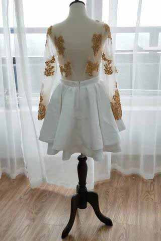 Long Sleeve V-Neck White Homecoming Dresses Gold Sequins V-Neck Short Prom Dresses H1072