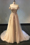 Luxurious A Line Off The Shoulder Evening Dress Champagne Prom Dress with Appliques PW565