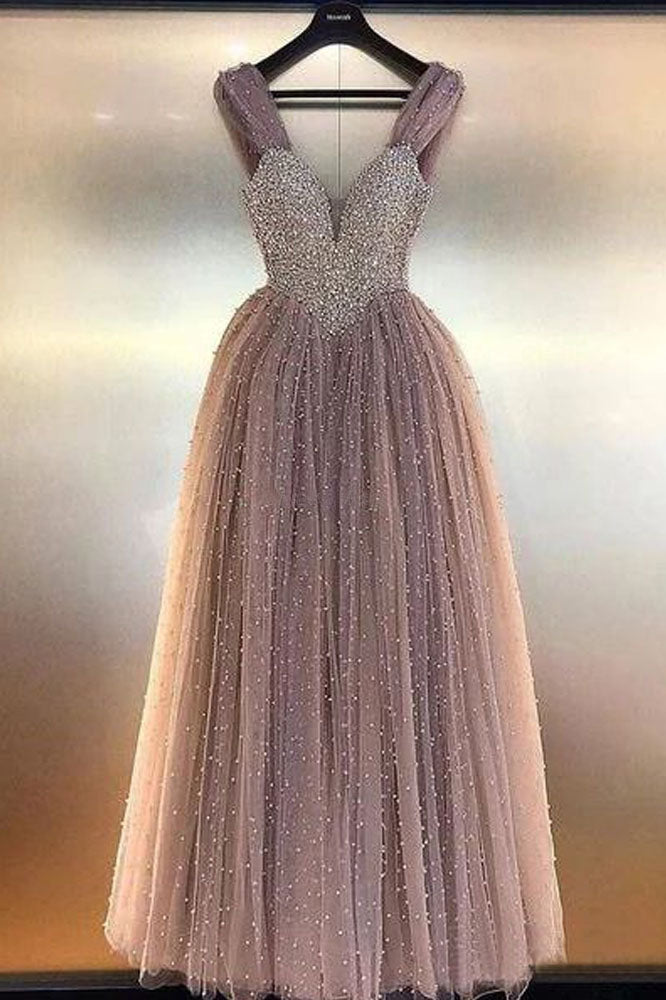 Luxurious A Line V Neck Backless Blush Tulle Long Prom Dresses with Straps Beading H1133