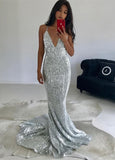 Mermaid V-Neck Sequins Silver Spaghetti Straps Prom Dresses PH503