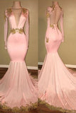 Mermaid Appliques Deep V-Neck Long Sleeve Prom Dresses Long Evening Dresses PW761