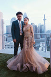 Mermaid Brown Sweetheart Beads Crystals Tulle Backless Prom Dresses, Formal Dresses PW373