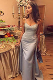 Mermaid Gray Spaghetti Straps Sweetheart Satin Detachable Prom Dresses with Appliques PW368