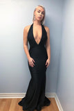 Mermaid Halter Backless Sweep Train Black Prom Dresses with Deep V Neck PW630