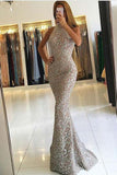Mermaid High Neck Detachable Lace Sequins Prom Dresses, Long Formal Dresses PW371