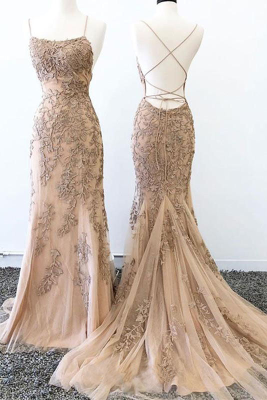Mermaid Lace Appliques Spaghetti Straps Criss Cross Prom Dresses, Long Evening Dress P1009