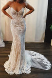 Mermaid Lace Appliques Spaghetti Straps V Neck Ivory Wedding Dresses,Bridal Dresses PW923