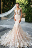 Mermaid Light Pink Backless Lace Appliques Wedding Dresses Short Sleeve Bridal Dress PW510
