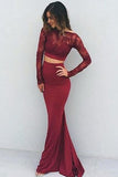 Mermaid Long Sleeve Two Pieces Prom Dresses Burgundy Backless Evening Dresses PW662