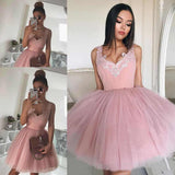 Mini Blush Pink Short Homecoming Dress with V-Neck Appliqued Tulle Prom Dress PW955