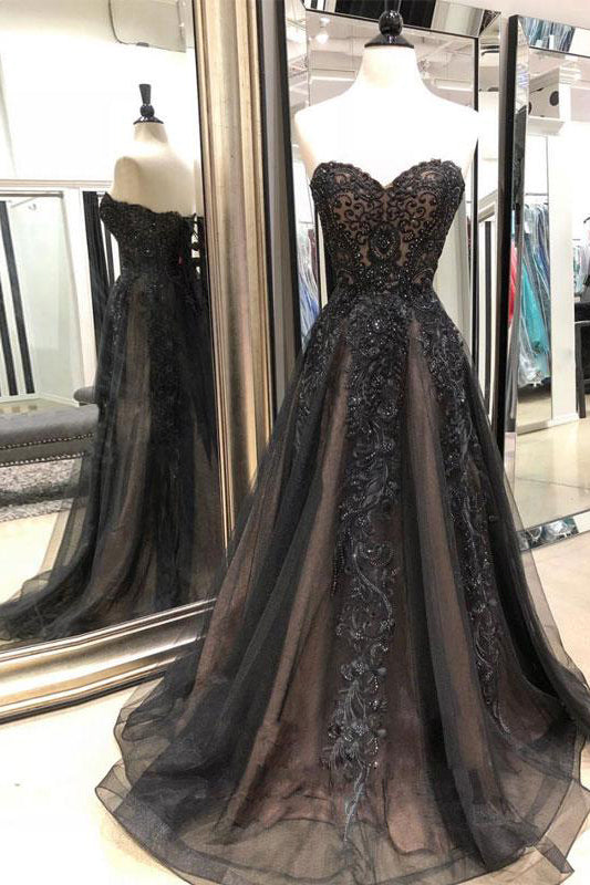Black Sweetheart Tulle Lace Strapless Beads Prom Dresses with Lace up, Evening Dresses PW976