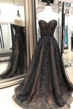 Black Sweetheart Tulle Lace Strapless Beads Prom Dresses with Lace up, Evening Dresses PW976