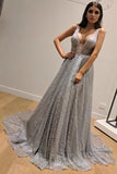 Chic A-Line Silver Backless V Neck Fashion Custom Unique Long Prom Dresses P1167
