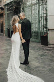 Charming Sheath Lace Bridal Gown with Slit Open Back Ivory Boho Wedding Dresses W1107
