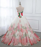 Ball Gown Floral Satin Long Tulle Evening Dress with Lace up Sweetheart Red Prom Dress P1240