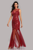 See Through Burgundy Mermaid Bateau Prom Dresses with Beading XU90816