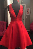 Cute A-Line V-Neck Open Back Short Red Satin Homecoming Dress with Bowknot PH701