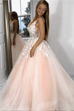 Princess V Neck Pink Long Tulle Lace Appliques Open Back Party Dress,Prom Dresses uk PW66